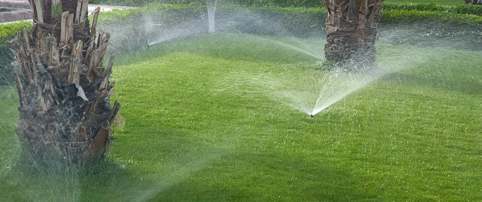 Multiple sprinkler heads on a lawn in Deerfield Beach, FL, with palm trees.