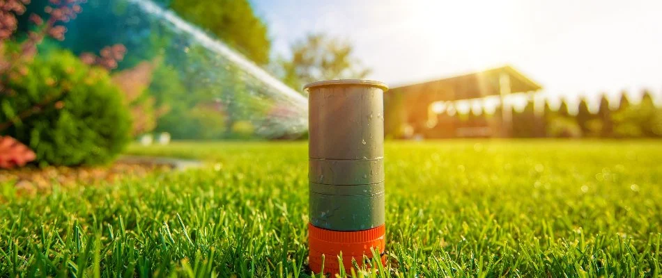 Irrigation system spraying water on a lawn in South Florida.