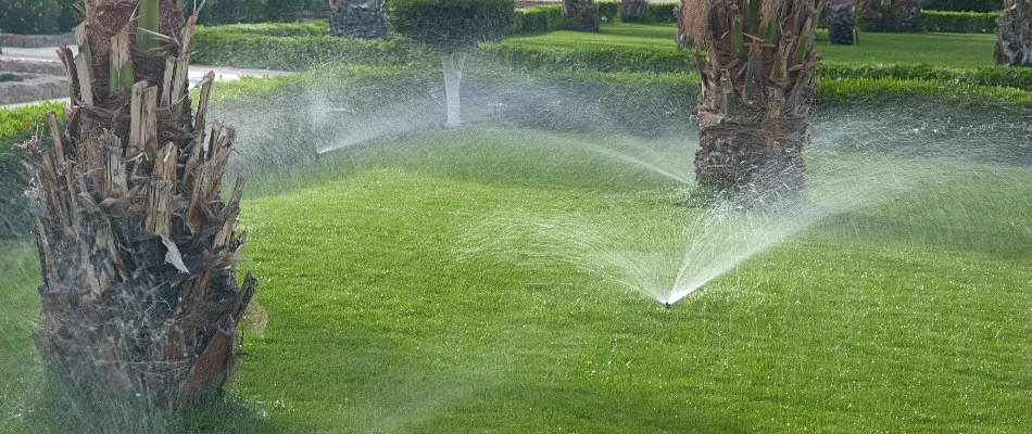 Sprinkler system watering lawn on property in Royal Palm Beach, FL.