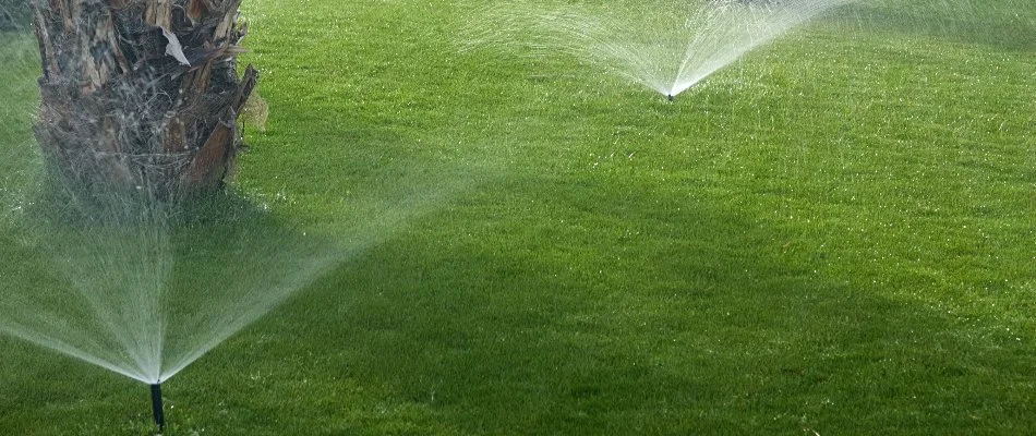 Irrigation system in Lake Worth Beach, FL, with multiple sprinklers and trees.