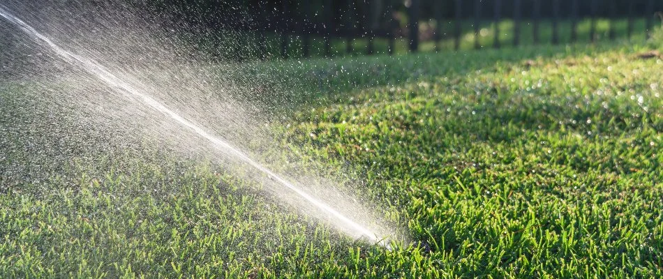 A lawn in Palm Beach, FL, being watered by a sprinkler system.