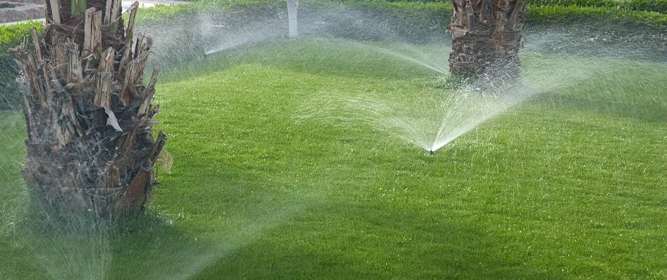 Lawn in Boynton Beach, FL, with sprinklers and trees.