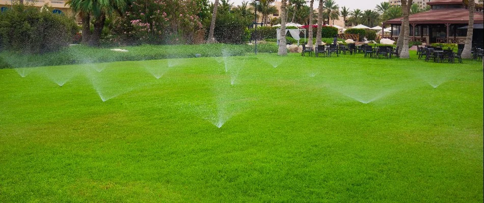 Multiple sprinkler heads on a commercial lawn in West Palm Beach, FL.