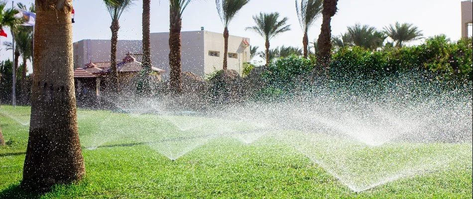 Sprinkler irrigation system on a lawn with palm trees in West Palm Beach, FL.