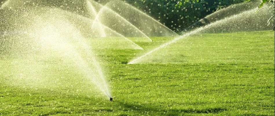 Sprinkler irrigation watering a large lawn in West Palm Beach, FL.