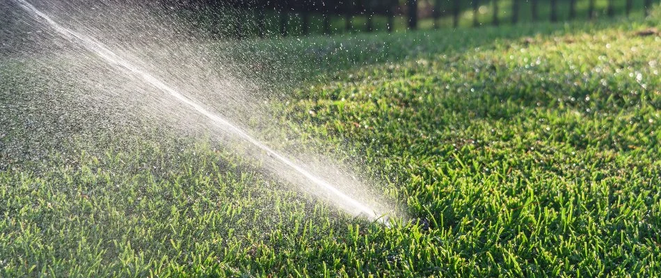 Sprinkler system spraying water on a lawn in West Palm Beach, FL.